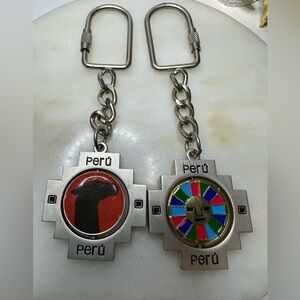 2 Vintage Peru Keychains Alpaca Llama/Inca Image Souvenir Metal Keyring Lot Of 2
